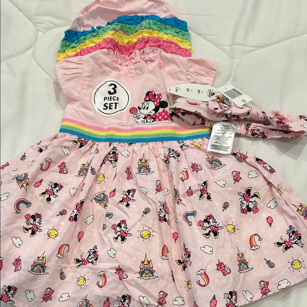 NWT Disney Minnie Mouse Pink and Rainbow Dress Ensemble 6M
